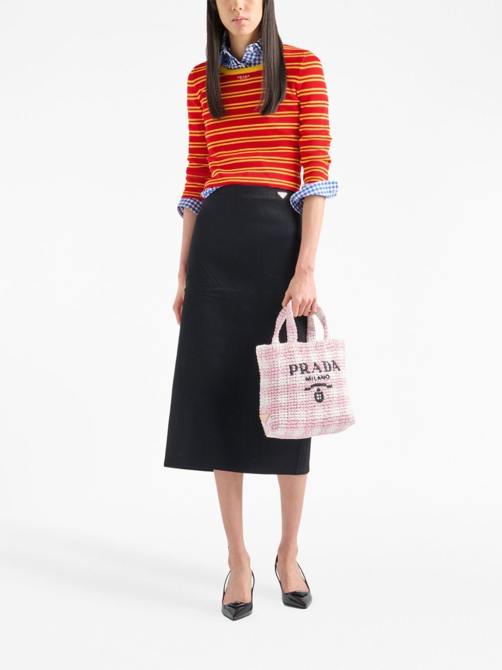 Pra*a logo-knit gingham tote bag
